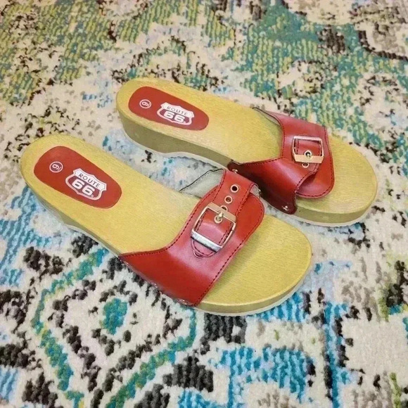 Route 66 Shoes - Route 66 Red Single Strappy Slip On Wooden Sandals, Size 9 Chunky Boho
